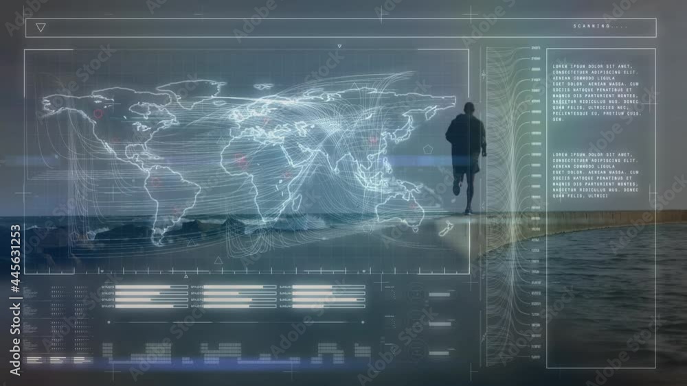 Poster animation of data processing over fit man running at beach