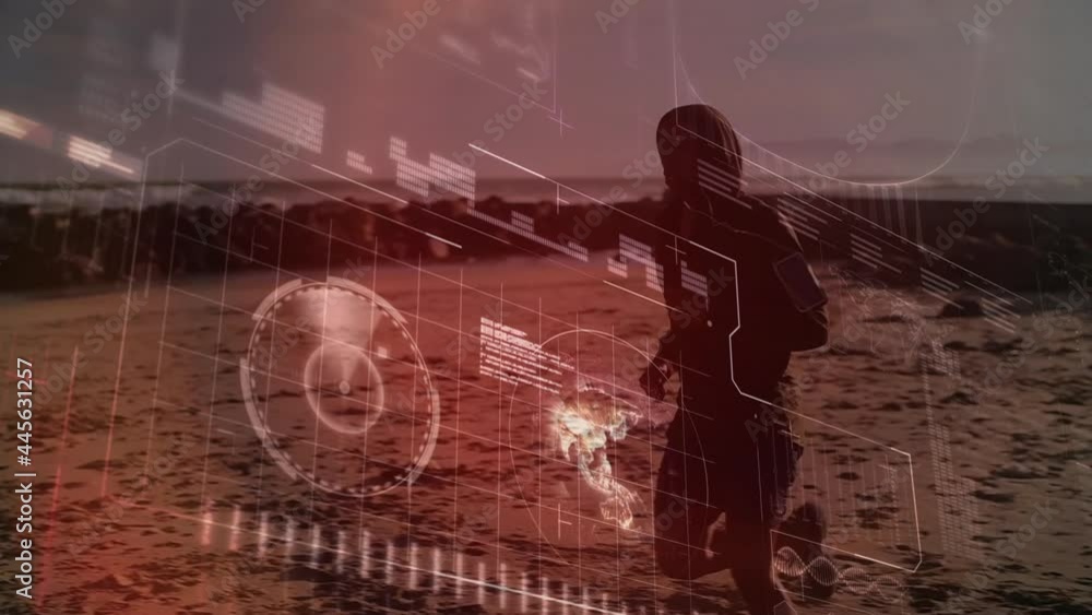 Aufkleber animation of data processing over fit man running at beach
