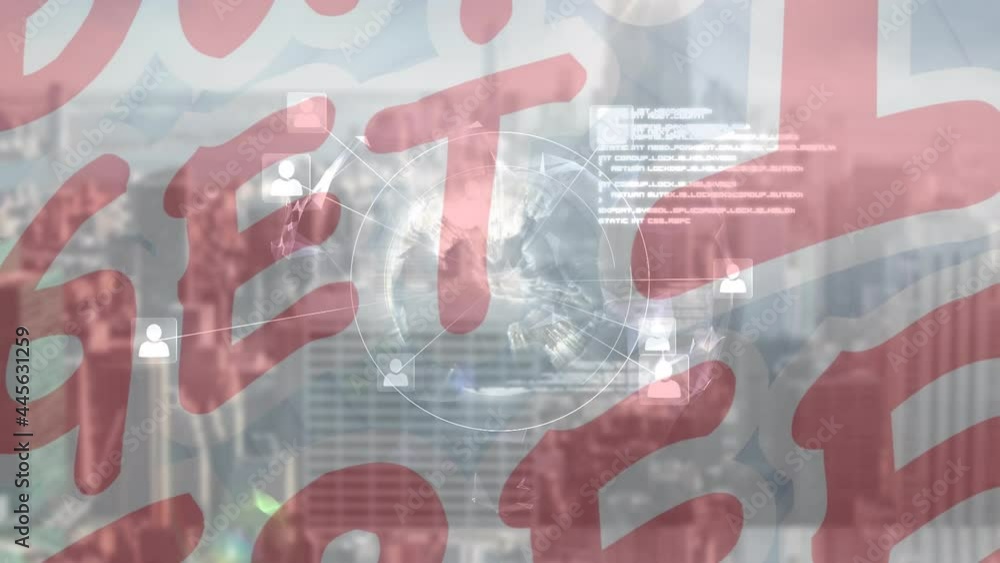 Poster animation of text buy 1 get 1 free, with data processing, over modern cityscape