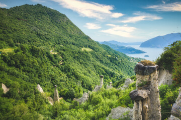 Rock formations, also known as fairy chimneys, earth pyramids, hoodoos, Piramidi di Zone, Italy