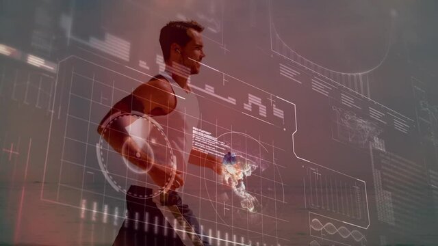 Animation of data processing over fit man running at beach