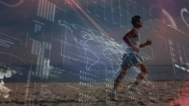 Animation of data processing over fit man running at beach
