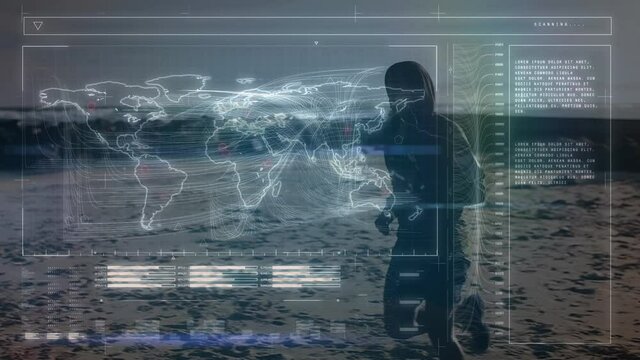 Animation of data processing over fit man running at beach
