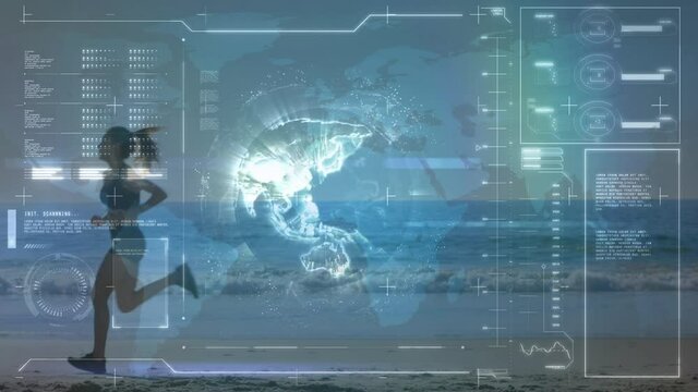 Animation of data processing over fit woman running at beach