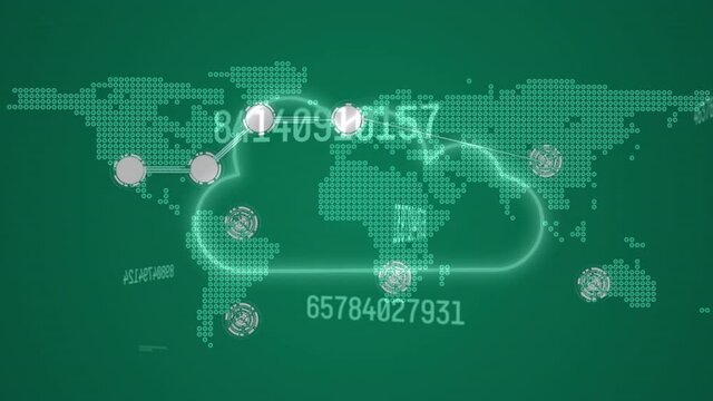 Animation of data processing over world map with network, on green