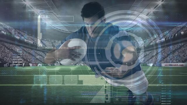 Animation of data processing over rugby player during rugby match in sports stadium