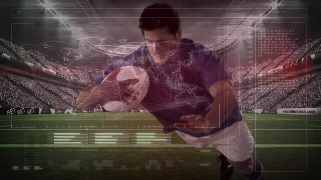 Animation of data processing over rugby player during rugby match in sports stadium