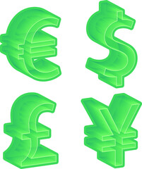 Currency Icons. Illustration in dollars, euros, yen and pounds symbols. For business, newspaper, marketing, finance.
