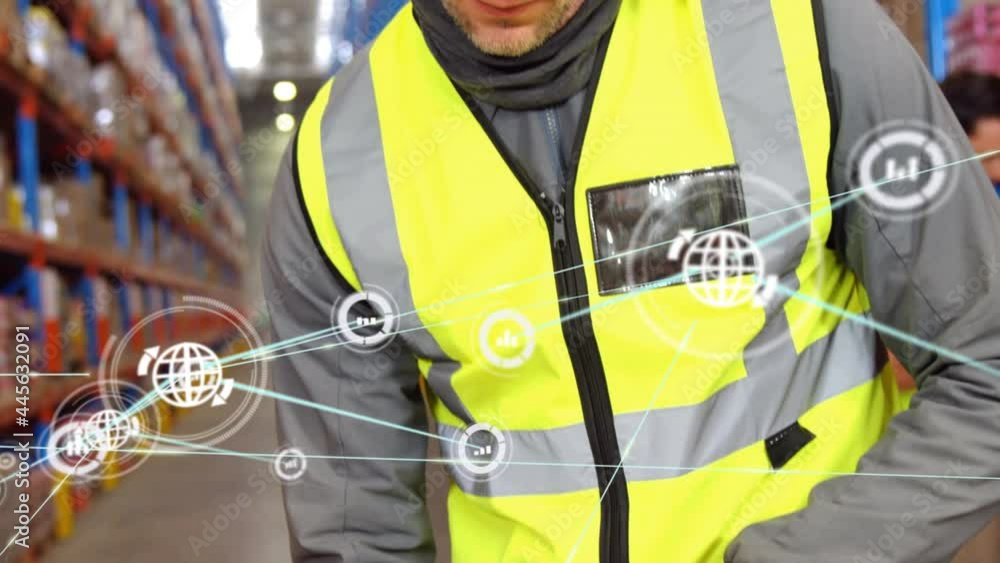 Aufkleber animation of network of people and media icons over smiling man using barcode reader at warehouse