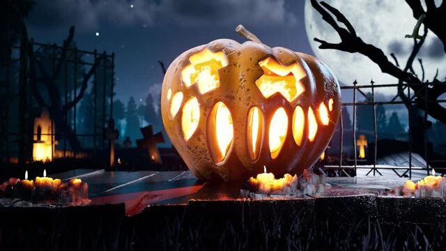 best Halloween animated 4k background. scary and Spooky pumpkin in fire. around mystic night and cemetery . High quality 4k footage
