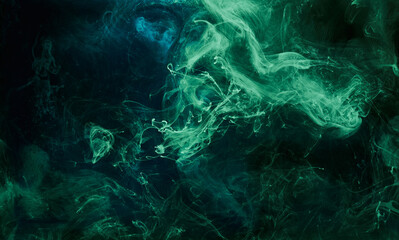 Fototapeta na wymiar Abstract green color background. Swirling vibrant hookah smoke, underwater emerald ocean, dynamic paint in water