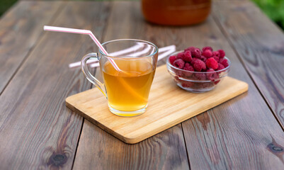 Glass jar with Kombucha, poured glass with Kombucha and raspberries in the summer garden.