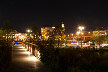 Fototapeta na wymiar wooden bridge in the night city park.