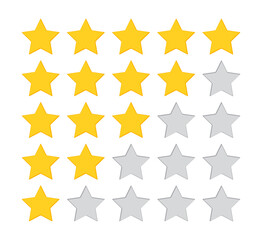 5 star rate. Five review icons. Yellow, gray feedback rating signs. Satisfaction golden mark. Product evaluation rank isolated on white background. Appraisal system quality. Vector illustration.
