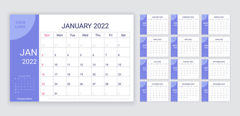 2022 Calendar planner template. Week starts Sunday. Monthly calender organizer. Vector. Table schedule grid with 12 month. Corporate yearly diary layout. Horizontal simple illustration. - obrazy, fototapety, plakaty
