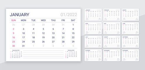 2022 Calendar. Table calender template. Monthly planner organizer. Week starts Sunday. Vector. Schedule grid with 12 month. Corporate yearly diary layout. Horizontal planer. Simple illustration. - obrazy, fototapety, plakaty