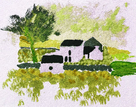 Grün-olive Landschaft mit weißen Häusern, Illustration