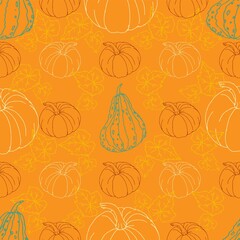 Fall autumn orange, green, yellow, red pumpkins on orange background pattern. Thanksgiving holidays seamless repeat swatch.