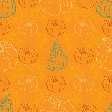 Fall autumn orange, green, yellow, red pumpkins on orange background pattern. Thanksgiving holidays seamless repeat swatch.