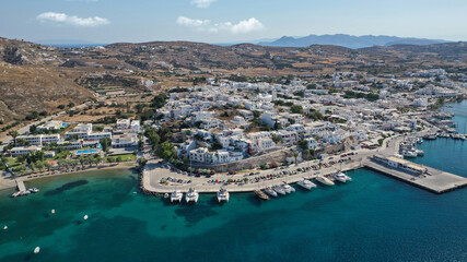 Fototapeta na wymiar Aerial drone photo of picturesque village of Adamantas main port a natural calm sea bay and safe anchorage of yachts and sail boats in volcanic island of Milos, Cyclades, Greece