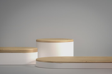 Grey studio room with blank product shelf standing backdrop. Empty podium or pedestal display with white with wooden stand concept. Product place display 3D render