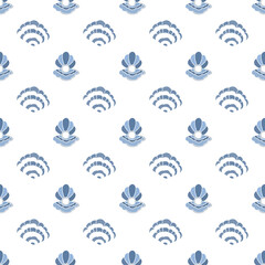 blue and white seashells seamless patterns