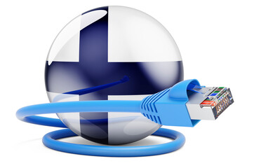 Internet connection in Finland. Lan cable with Finnish flag, 3D rendering