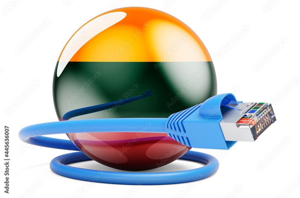 Poster internet connection in lithuania. lan cable with lithuanian flag, 3d rendering