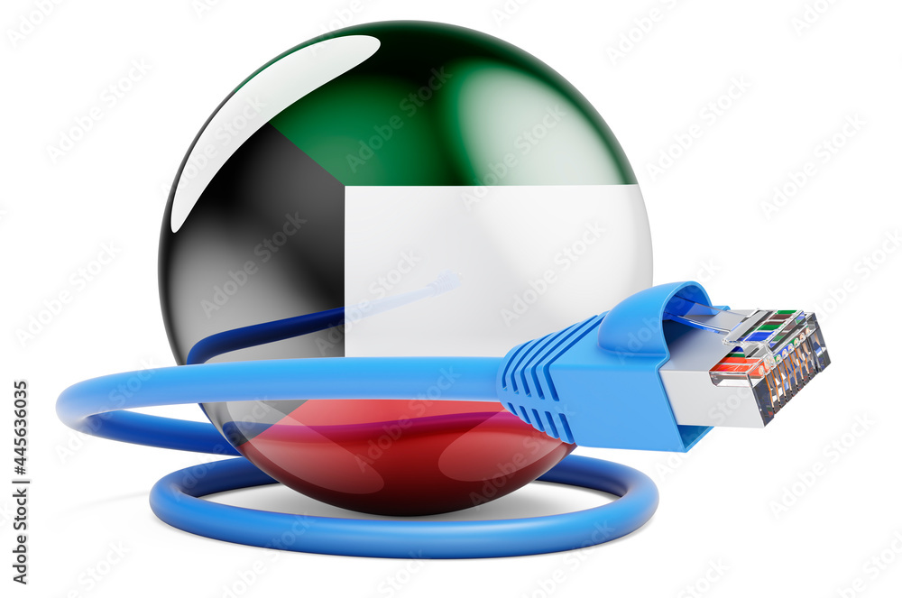 Poster internet connection in kuwait. lan cable with kuwaiti flag, 3d rendering