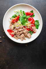 salad tuna seafood vegetable tomato, onion, herbs, olives canned tuna fish plate on the table, healthy meal copy space food background top view 