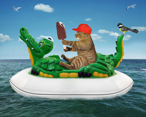 A beige cat in a red hat with ice cream is floating on an inflatable crocodile in the sea at a...
