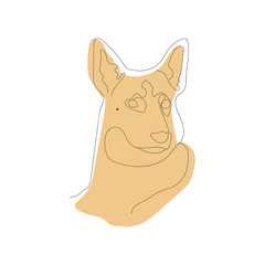 Shepherd dog one line art. Black line on white background plus one color. Dog's portrait. Sketch fullface.