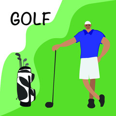 Flat Vector illustration - sporty man playing golf. Court, park, trees and hills on green background. Banner, site, poster template with place for your text.  Golf club