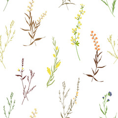 Fototapeta na wymiar Blossom floral seamless pattern. Blooming botanical motifs scattered random. Trendy colorful vector texture. Fashion, ditsy print, fabric. Hand drawn different wild meadow flowers on white background
