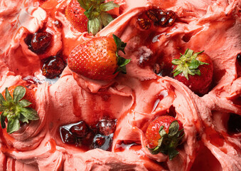 Frozen Strawberry flavour gelato - full frame detail. Close up of a pink surface texture of Ice...