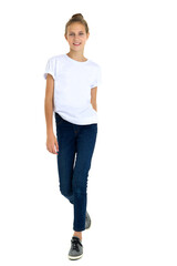 Obraz premium Happy girl standing against white background. isolated on white background.