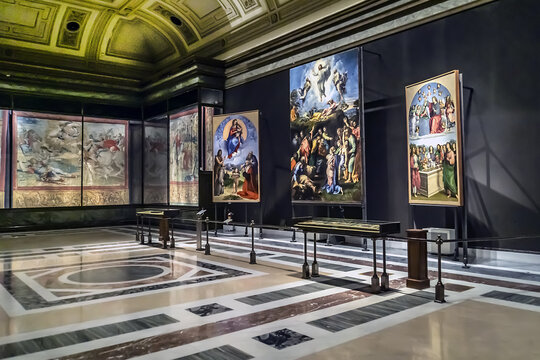 Interior of Vatican Pinacoteca (painting gallery) - one of most important collections art works by Giotto, Raphael, Leonardo da Vinci, Titian, Caravaggio, and Bernini. VATICAN CITY. December 28, 2016.