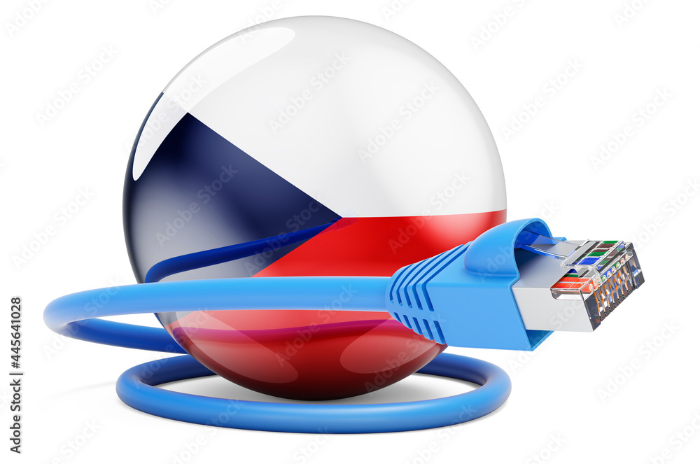 Poster internet connection in czech republic. lan cable with czech flag. 3d rendering