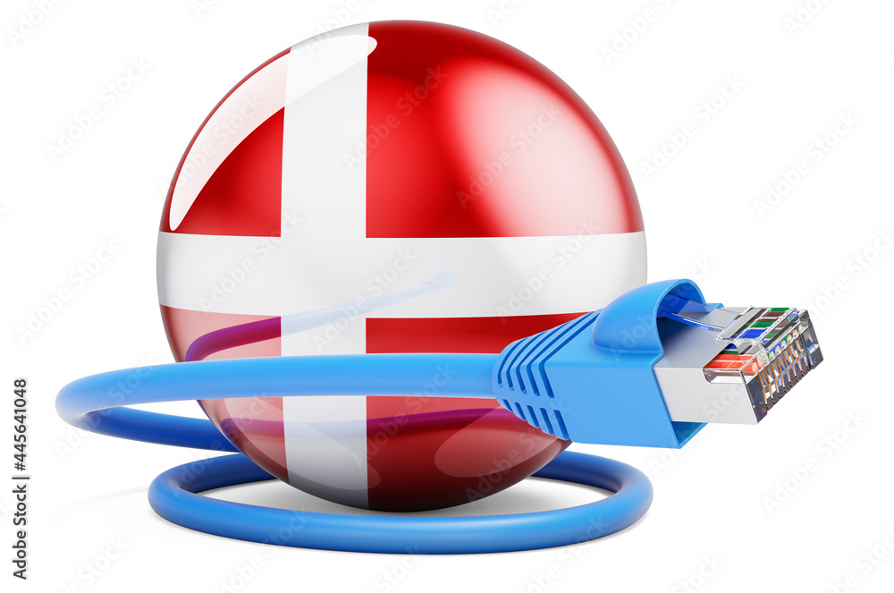 Poster internet connection in denmark. lan cable with danish flag. 3d rendering