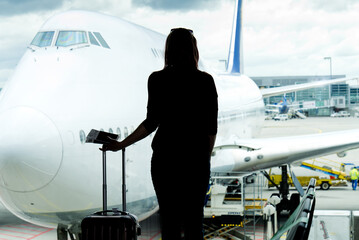 Black woman silhouette looking to aircraft in the airport hall- missed or cancelled flight concept....