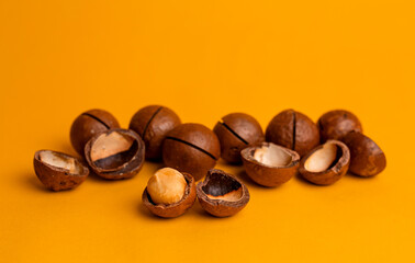 split macadamia nut close-up on an orange background