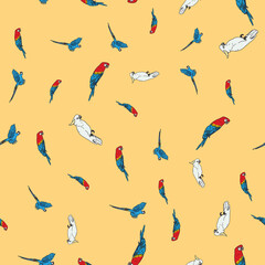 Vector orange background tropical birds, parrots, macaw, exotic cockatoo birds. Seamless pattern background