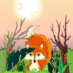 Vector art of fox in the forest. Vector illustration.