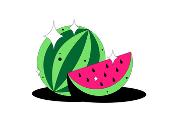 Watermelon. Сut slice of watermelon fruit isolated on white background. Summer vibes. For packaging design, advertising, cover, print. Vector illustration.