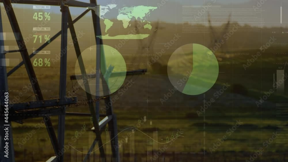 Poster animation of statistics and data processing over landscape