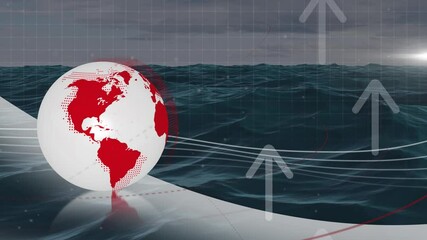 Animation of globe spinning with arrows over seascape - Powered by Adobe