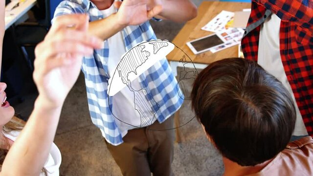 Animation of drawn globe over happy diverse colleagues celebrating at casual office meeting