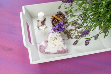 Lavender essential oil and bath salt  . natural cosmetics background