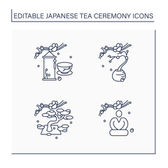 Japanese tea ceremony line icons set. Seiza position, flower arrangement, hanging scrolls. Japan ancient tradition. Tea ceremony concept.Isolated vector illustrations.Editable stroke