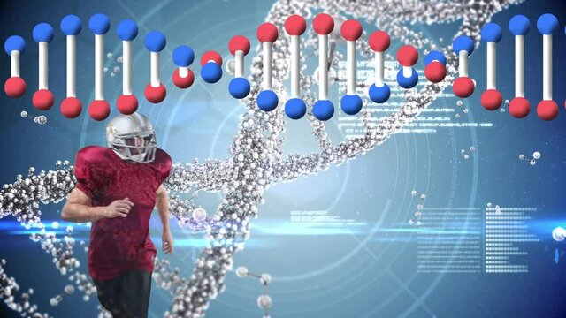 Animation of dna strand spinning and data processing over american football player